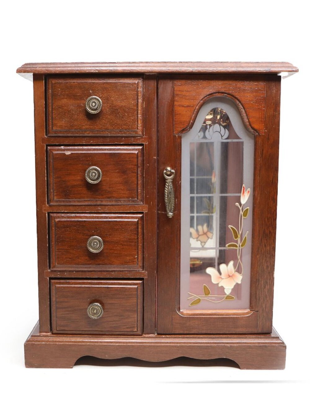 Vintage Gunther Mele Wooden Jewelry Box Armoire Carousel Etched Glass Floral